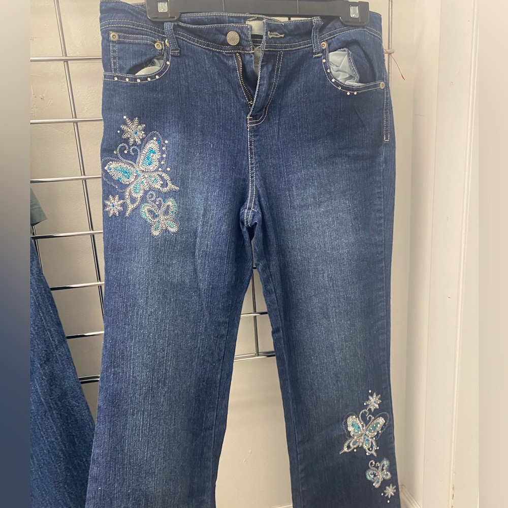Route 66 Blue Flare Jeans with Butterfly Embellishments